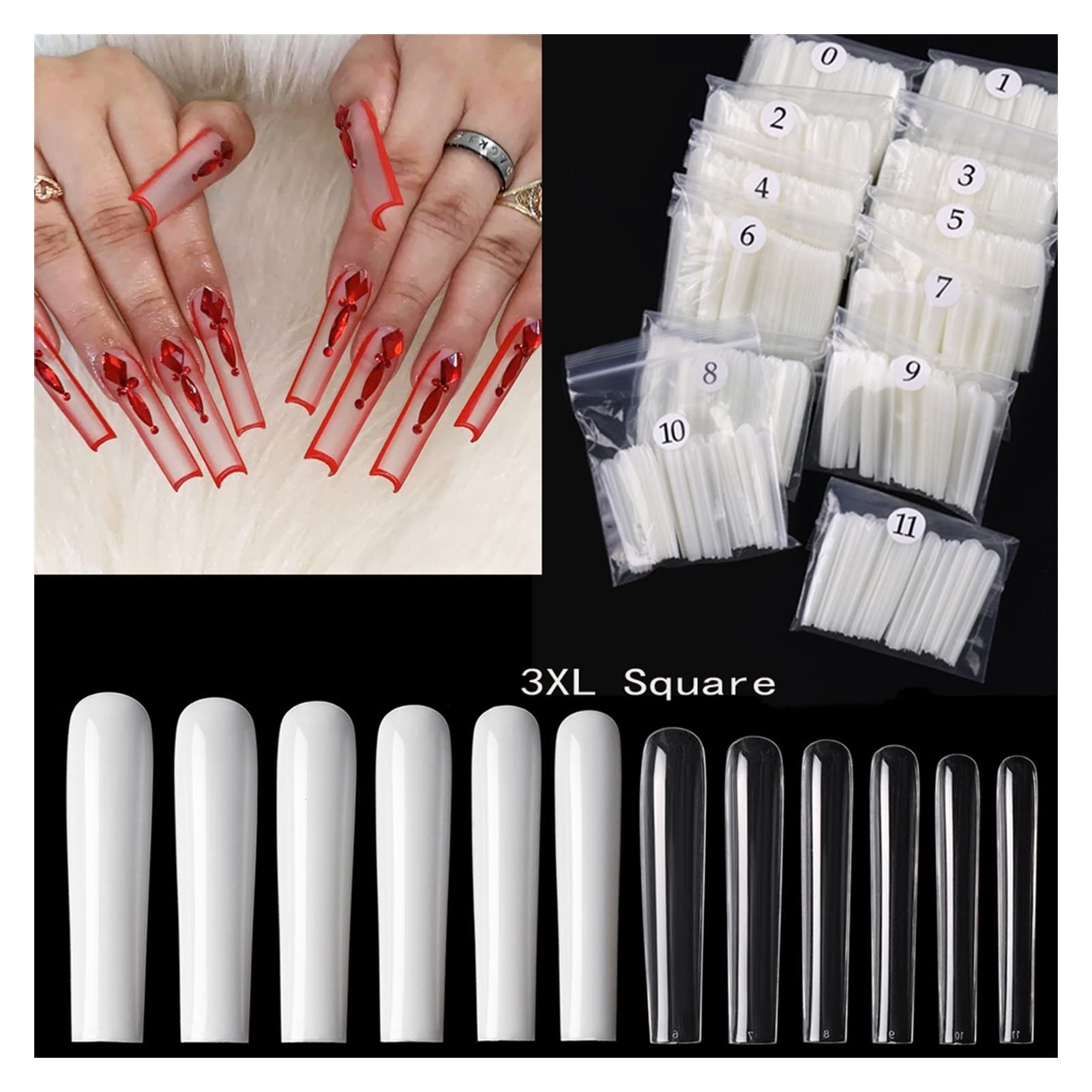 Amazon | 3XLエクストラロングCカーブハーフカバーネイルチップ偽